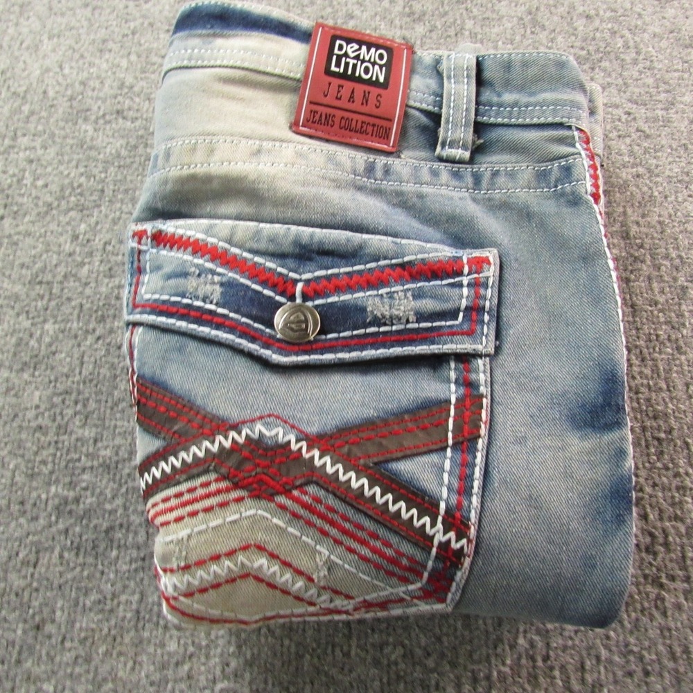 Demolition Jeans Mens 38 Light Wash Blue Straight Leg Embroidered Pockets Denim